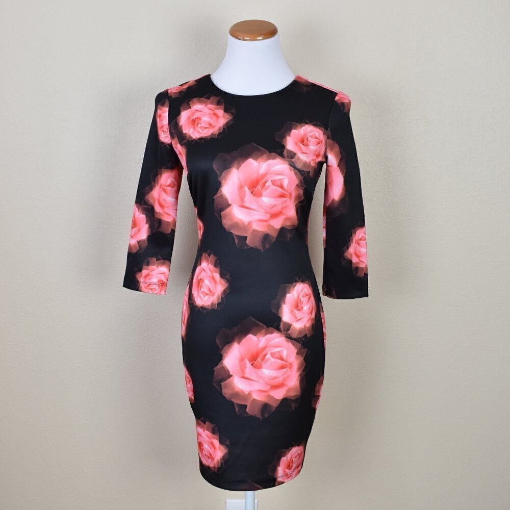 Alexia Admor Black Rose Print Scuba Sheath Dress - XS